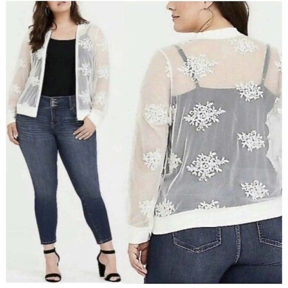 Torrid Size 0‎ Large Ivory Lace Mesh Embroidered Bomber Jacket Long Sleeve Zip - Picture 1 of 12